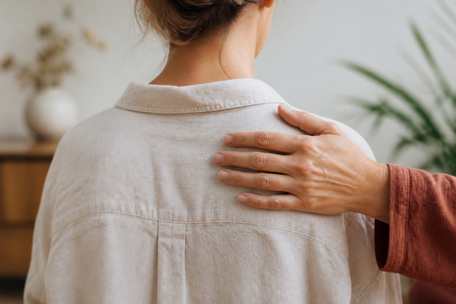 Eine Frauenhand legt sich von hinten auf eine Schulter